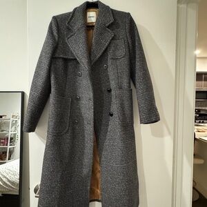 Sandro Stephane Grey Check Double Breasted Coat Size 36